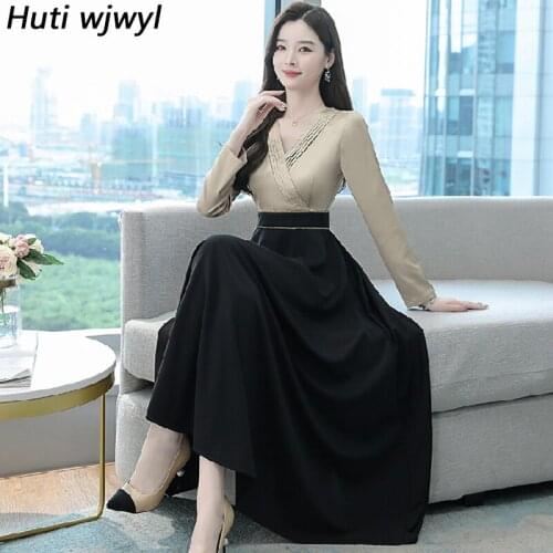 Autumn Winter Long Sleeve Black Patchwork Maxi Dress 2021 Elegant Bodycon Party Vestidos Women Korean Vintage Casual Madi Dress
