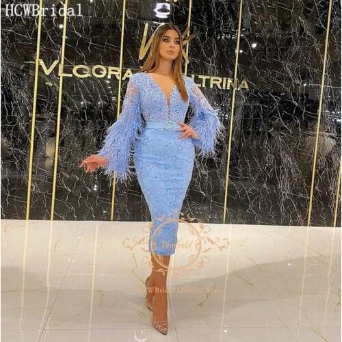 2021 Baby Blue Short Prom Gowns Sheath Tea Length Feather Lace Women Occasion Long Sleeves Prom Dresses Robe De Soiree