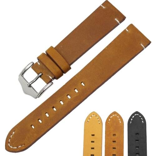 18 20 22mm Genuine Cowhide Leather Black Dark Brown Women Men Watchbands Strap Stainless Steel Silver Polish Pin Buckle