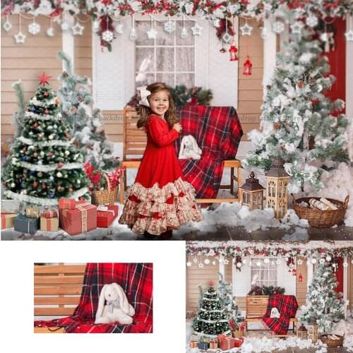 Christmas Backdrop Wood House Kids Child Photography Props Bunny Red Chair Portrait Birthday Baby Backdrops Gifts Photostudio