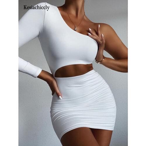 Kesiachiccly One Shoulder Hollow Out Sexy Women Dress 2021 Long Sleeve Bodycon Bandage Autumn Dress Pleated Short Party Dress