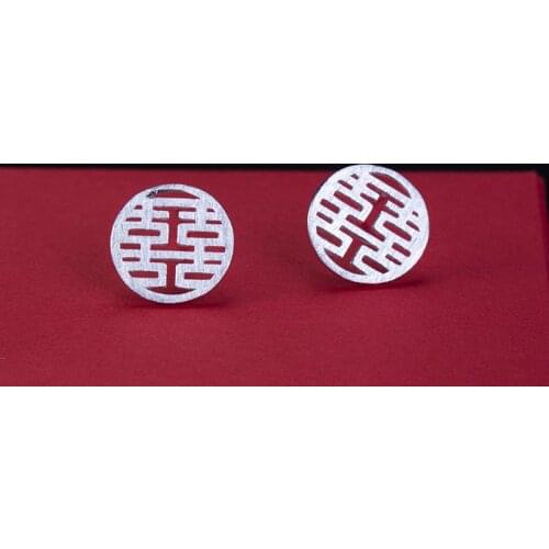 VLA 925 Silver Chinese Style Retro Hollow Out Round Earrings For Womens Simple Personality Happiness Character Earrings