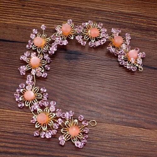Handmade Luxury Pink Crystal And Beads Bridal Head Piece Floral Women Headdress Wedding Headband Pageant Hair Accessories