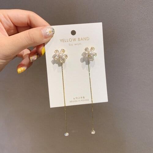 Shinning Cubic Zirconia Flower Long Tassel Earrings Korea Gold Color Metal Floral Statement Dangle Earrings for Women Girl Gift