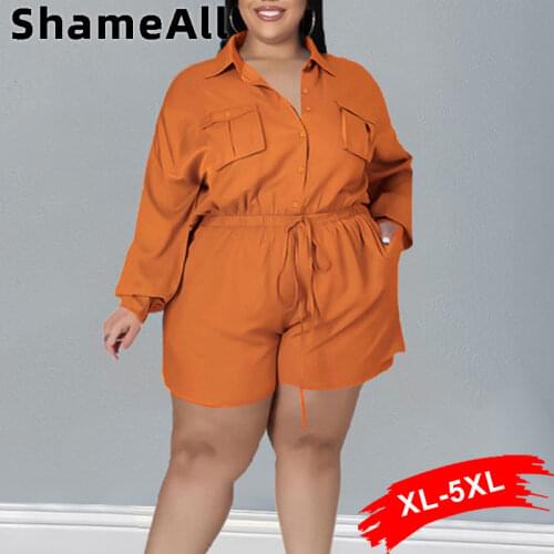 Plus Size Long Sleeve Loose Baggy Jumpsuit Romper 4XL Pockets Dungarees Short Pants Jumpsuits Ladies Harajuku Shorts Overall