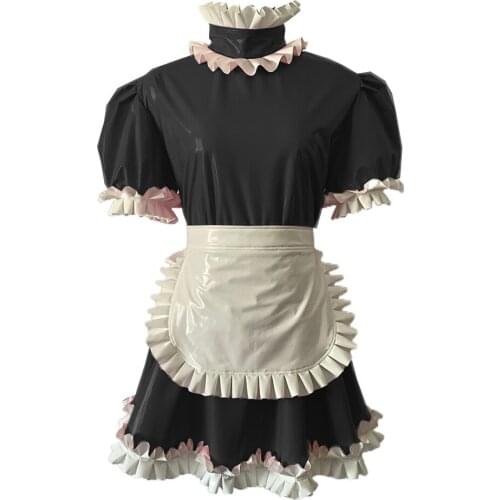 Halloween Costume Dresses Women Puff Short Sleeve Mini Dress with Apron Leather Maid Dress Cosplay Plus Size Gothic Lolita Dress
