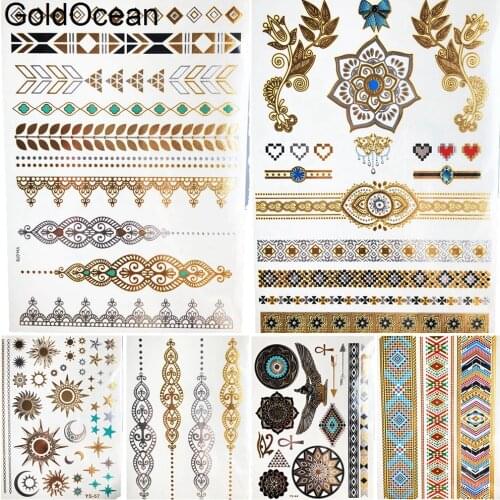 Gold Metallic Flash Tattoo Stickers Girl Arm Henna Mandala Temporary Tattoo Leaf Leg Indian Chain Waterproof Tatoos Women Makeup