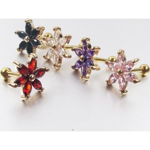 1 Piece Gold Stainless Steel Earrings Flower Earring Cubic Zircon Stone Tragus Ear Piercing Crystal Lip Ring Body Jewelry