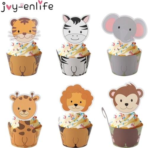 12pcs Jungle Animal Cupcake Wrapper TopperSafari Zoo Party Birthday Party Decorations Kids Baby Shower Party Supplies