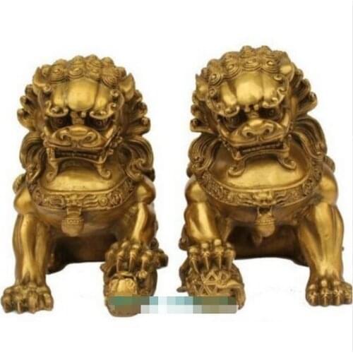 YM 309 Large Pair Bronze Chinese Lion Foo Dog Statue Figure Sculpture Gold Color 6.5"H