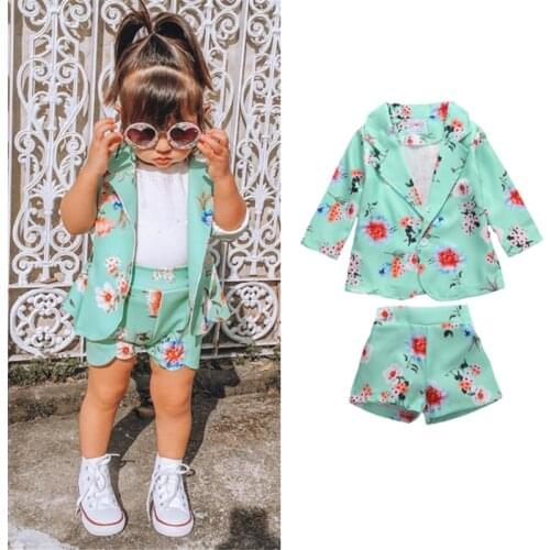 2pcs Toddler Kids Baby Girls Clothes New Fashion Floral Single Button Jackets Tops + Shorts 2pcs Spring Autumn Set Outfits