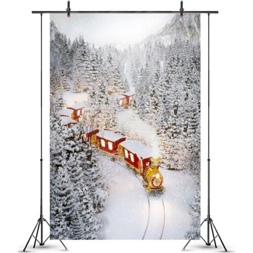 Natural Scenic Winter Forest Pine Tree Snow Mountains Photo Backdrop Train Christmas Photography Background Photo Studio
