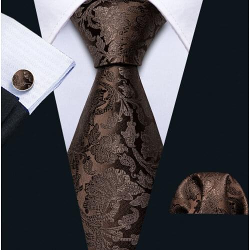 Mens Wedding Tie Brown Floral Silk Tie Hanky Set Barry.Wang Jacquard Woven Fashion Designer 9cm Neck Tie For Men Party FA-5507