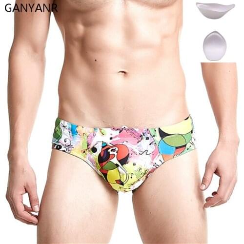 GANYANR Brand Gay Mens Swimwear Swimming Trunks Swimsuits Bikini 2017 Swim Briefs Sunga Bathing Shorts Padded Penis Pouch Bulge