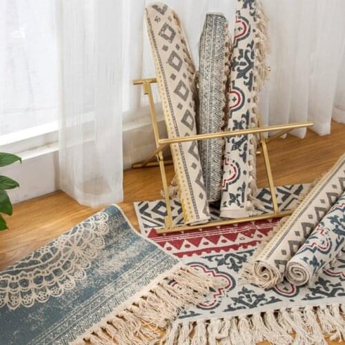 Retro Bohemian Hand Woven Cotton Linen Carpet Tassel Bedside Rug Geometric Floor Mat Living Room Bedroom Home Decoration AreaRug