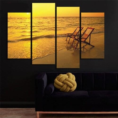 Sunset Gold Beach Chairs Canvas Painting Modern Sea Painting On Canvas Cuadros Abstractos Wall Picture For Home Decor Gift