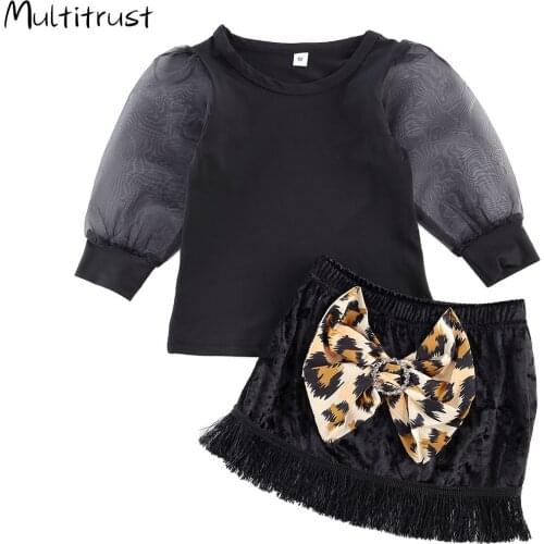 Boutique Gifl Clothes 2 Pieces Kids Suit Set Solid Color Round Neck Long Sleeve Top+ Leopard Bowknot Skirt 2-6Y