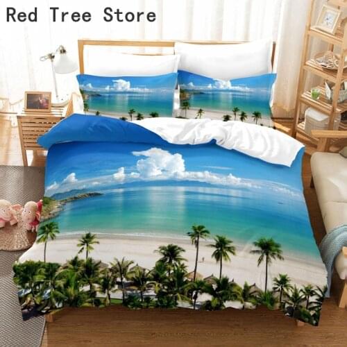 3D Fashion Printed Tropical Beach Scenery Duvet Cover Blue Sky Bedding Set Luxury Microfiber Comforter Bed Sets Queen King Size
