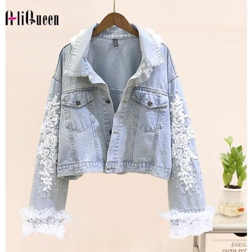 Women Sweet Mesh Patchwork Diamond Pearls Denim Jacket Womens Jackets and Coats Streetwear Embroidery Loose Cropped Jean Jacket