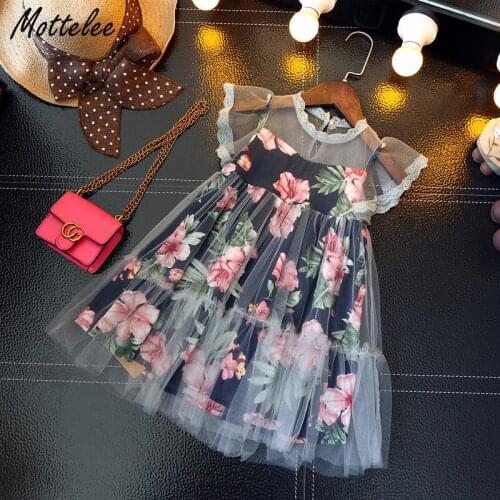 Mottelee Fashion Girls Flower Dress Summer Kids Beach Print Dresses Lace Princess Tulle Children Frock Design Baby Girl Outfits