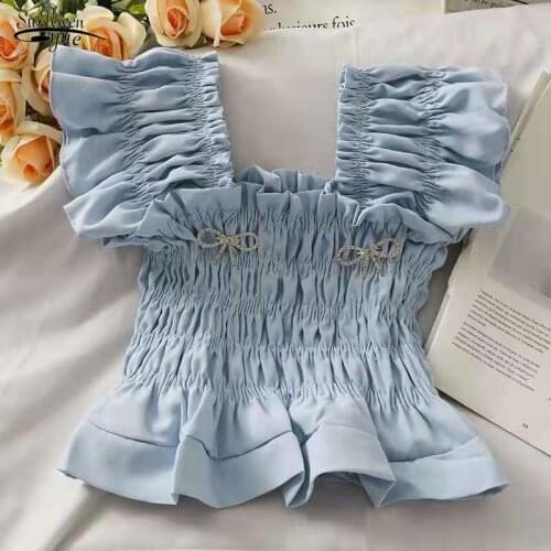 Summer New 2021 Lace Short Solid Color All-match Blouse Tops Women Handmade Rhinestone Bow Fashion Pleated Elastic Shirt 15612