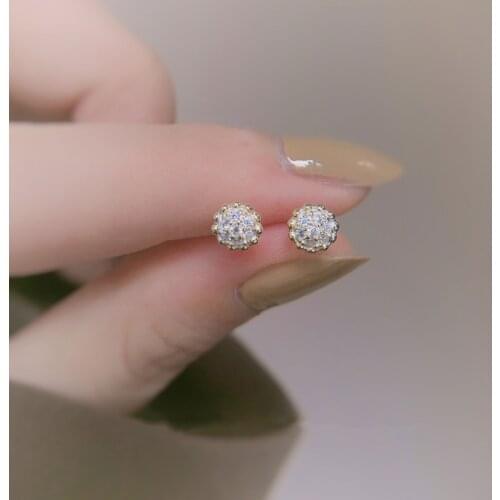 Small Round Crystal Stone Stud Earrings Cute Female White Zircon Earrings Vintage 925 Sterling Silver Gold Earrings For Women