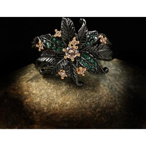 Fashion Ladies Jewelry Begonia Flower Green Zircon Ring Original Luxury Italian Handmade Black Gold Jewelry Flower Ladies Ring