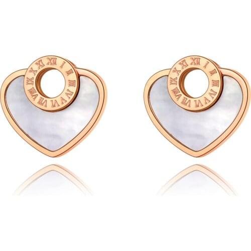 Trendy 316L Stainless Steel White Shell & Black Acrylic Heart Roman Numeral Wedding Earrings Jewelry For Women E20085