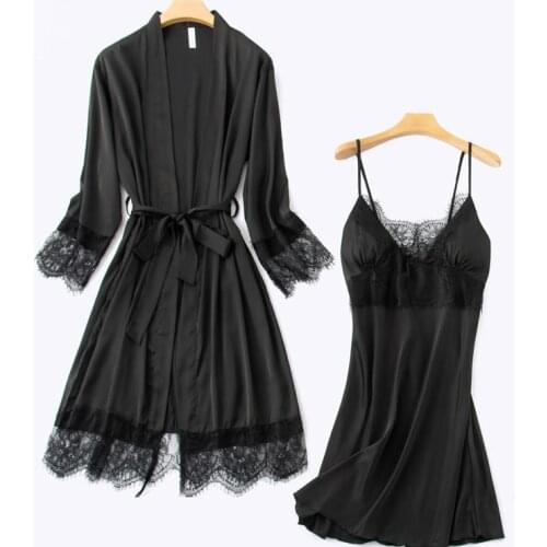 Nighty Robe Set Womens 2PCS Nightshirts Sleep Suit V-Neck Pajamas Silky Sleepwear Homewear Wear Home Nightdress Negligee Gown