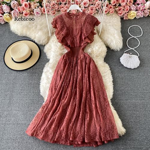Korean Fashion Summer Dress Elegant Lace Dress Midi Red Dresses for Women Party Sleeveless Vestido De Mujer