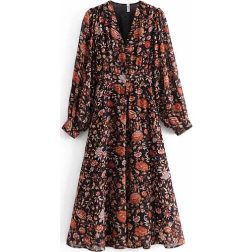 Dresses for Women Floral Printing Mujer Vestidos Femme Robe High Waist Party Sexy Midi Dresses V neck Long Sleeves Vintage Dress