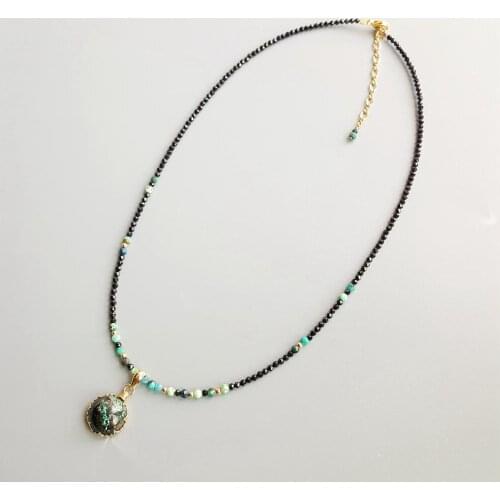 LiiJi Genuine Black Spinels Chrysocolla Pendant Charms G-F Delicated Handmade Necklace