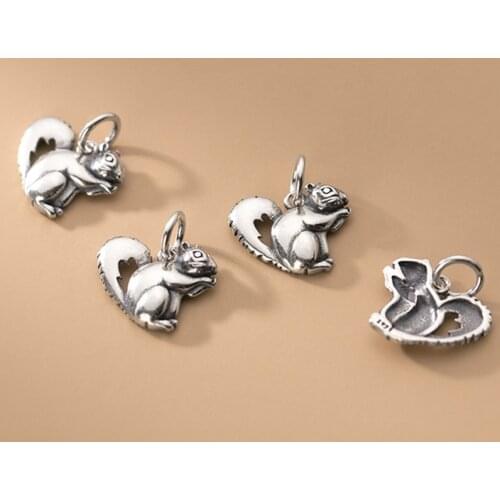 925 Sterling Silver Cute Animal Squirrel Design Circle Charms Handwork Fancy S925 Silver Bracelet Necklace Pendant DIY Jewelrys