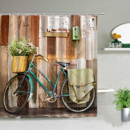 European Style Retro Old Street Building Bicycle Landscape Shower Curtains Poster Bathroom Curtain Waterproof Fabric with Hooks