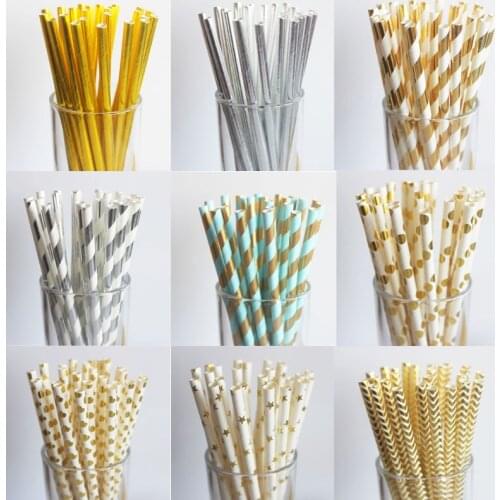 25pcs Metallic Gold Paper Straws Star Striped Birthday Wedding Decoration Baby Shower Party Foil Creative Drinking Straws Xmas