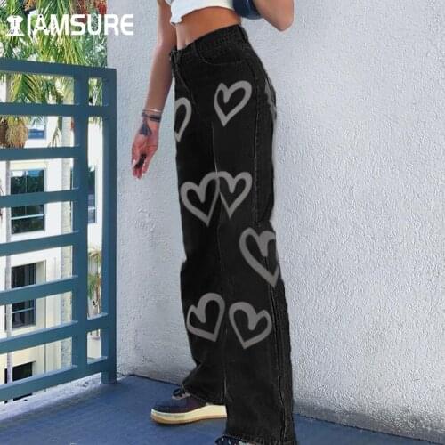 IAMSURE Loose Heart Shape Print Black Jeans Cute Mid-Waisted Trousers Casual Streetwear Wide Leg Pants Female 2021 Autumn Winter