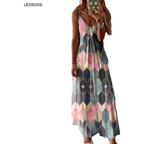 Womens Summer Cool Home Party Dress Geometric Printing Long Sling Sexy Sleeveless Dress Beach Vacation Bohemia Dresses