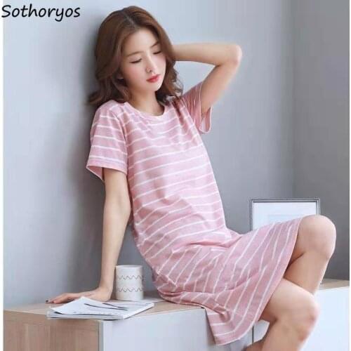 Striped Nightgowns Women Short Sleeve Slender Cozy Sweet Girls Sleepshirts Large Size M-3XL High Quality Females Lounge Popular
