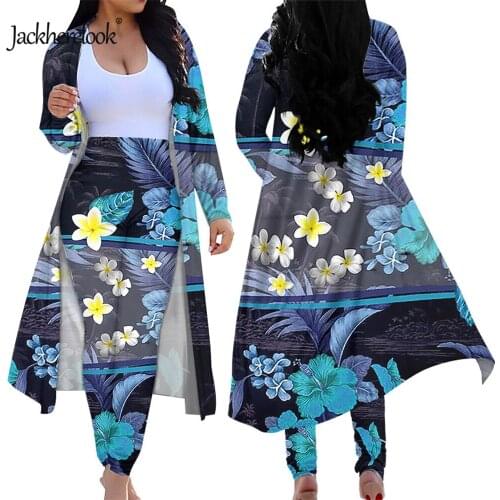 Jackherelook Hawaiian Hibiscus Plumeria Print Elegant Women Two Piece Outfits Long Sleeve Open Front Cardigan Tight Skinny Pants