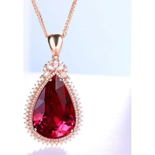 Luxury Big 8 Carats Red Crystal Ruby Gemstones Diamonds Pendant Necklaces for Women 18k Rose Gold Color Jewelry Bijoux Gifts New