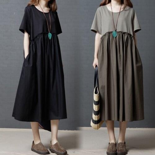 Cotton Linen Black Color Women Dress 2020 Autumn New Short Sleeve O Neck Loose Stitching dress Plus Size M-XL 2XL