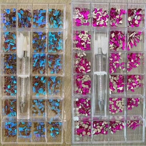 1000Pcs/Box Mixed AB Glass Crystal Diamond In Grids 21 Shape And SS4-SS20 Flatback Nail Art Rhinestone Set With 1 Pick Up Pen