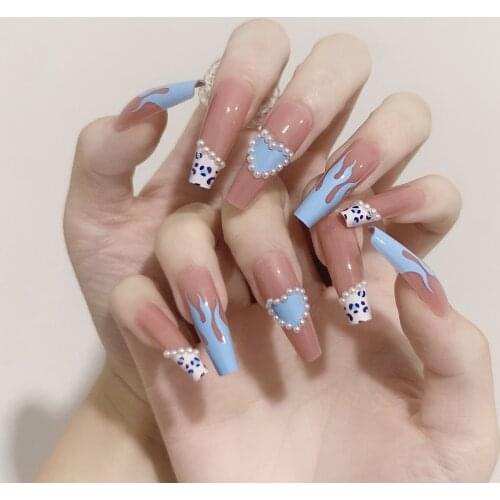 24pcs Pearl Inlaid Fake Nail Patch Blue Glue Type Removable Long Paragraph Fashion Manicure Save Time False Nail Patch DL