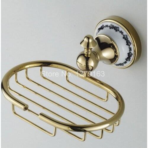 Bathroom Accessory Ceramic Flower pattern Golden Brass Wall Mounted Bathroom Soap Basket Dish Holder aba253