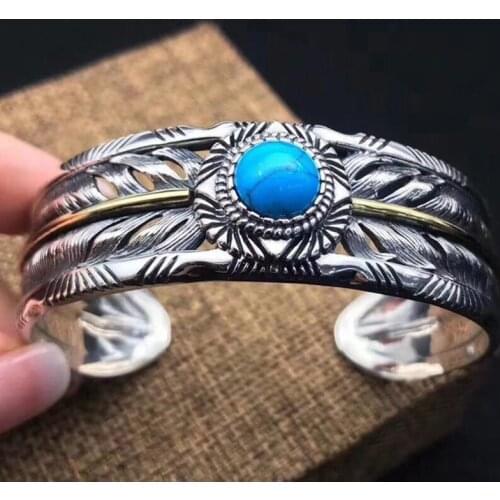 925 sterling Silver color Hollow out Ethnic Indian Style Thai silver color Inlaid Turquoise Feather Bracelet Bangle Jewelry
