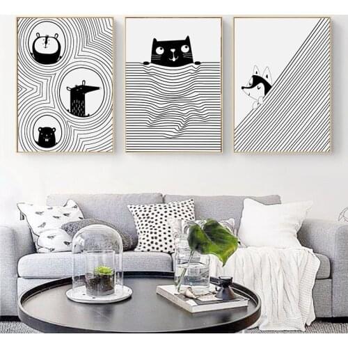 C Cartoon Animal Picture Home Decor Nordic Canvas Painting Wall Art Print Black White Minimalist Decor Painting for Bedroom