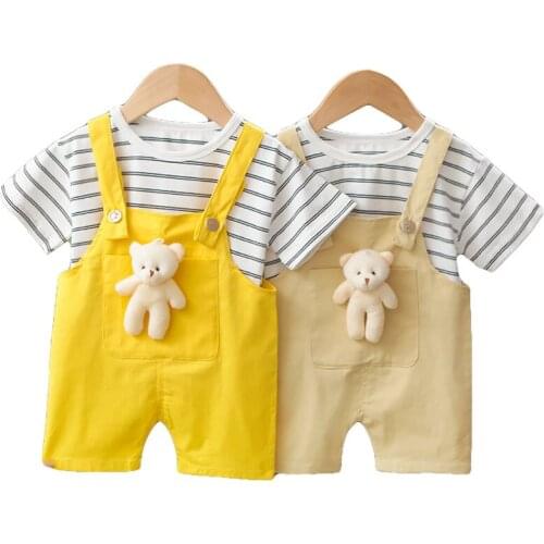 Infant Boys Outfits Newborn Cute Cartoon Clothes Suit Baby Striped T-Shirt Overalls 2Pcs Toddler Girl Clothing Sets Fashion