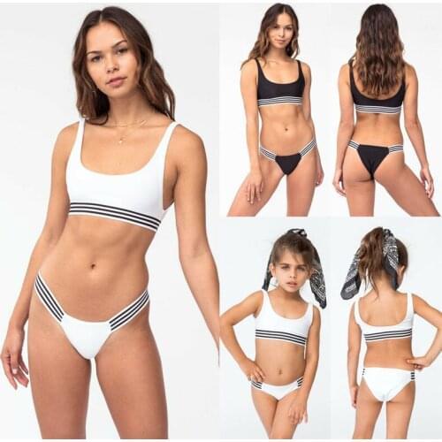 Hot 2019 New Mother Daughter Matching Swimwear Two-piece Solid Color Striped Mom Kids Girls Bikini Sets Beachwear