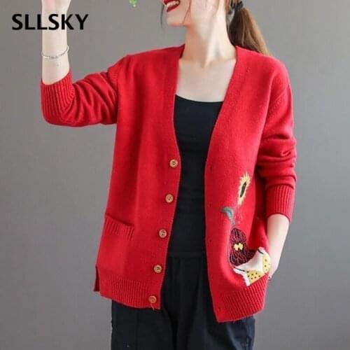 SLLSKY Fashion Cartoon Embroidery Women Cardigan V-Neck Knit Sweater Autumn Single Breasted Female Split Sweater Lady Cardigan