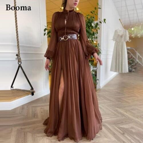 Booma Brown Chiffon Prom Dresses Long Sleeves High Neck Slit Pleated Prom Gowns Keyhole Open Skirt A-Line Wedding Party Dresses